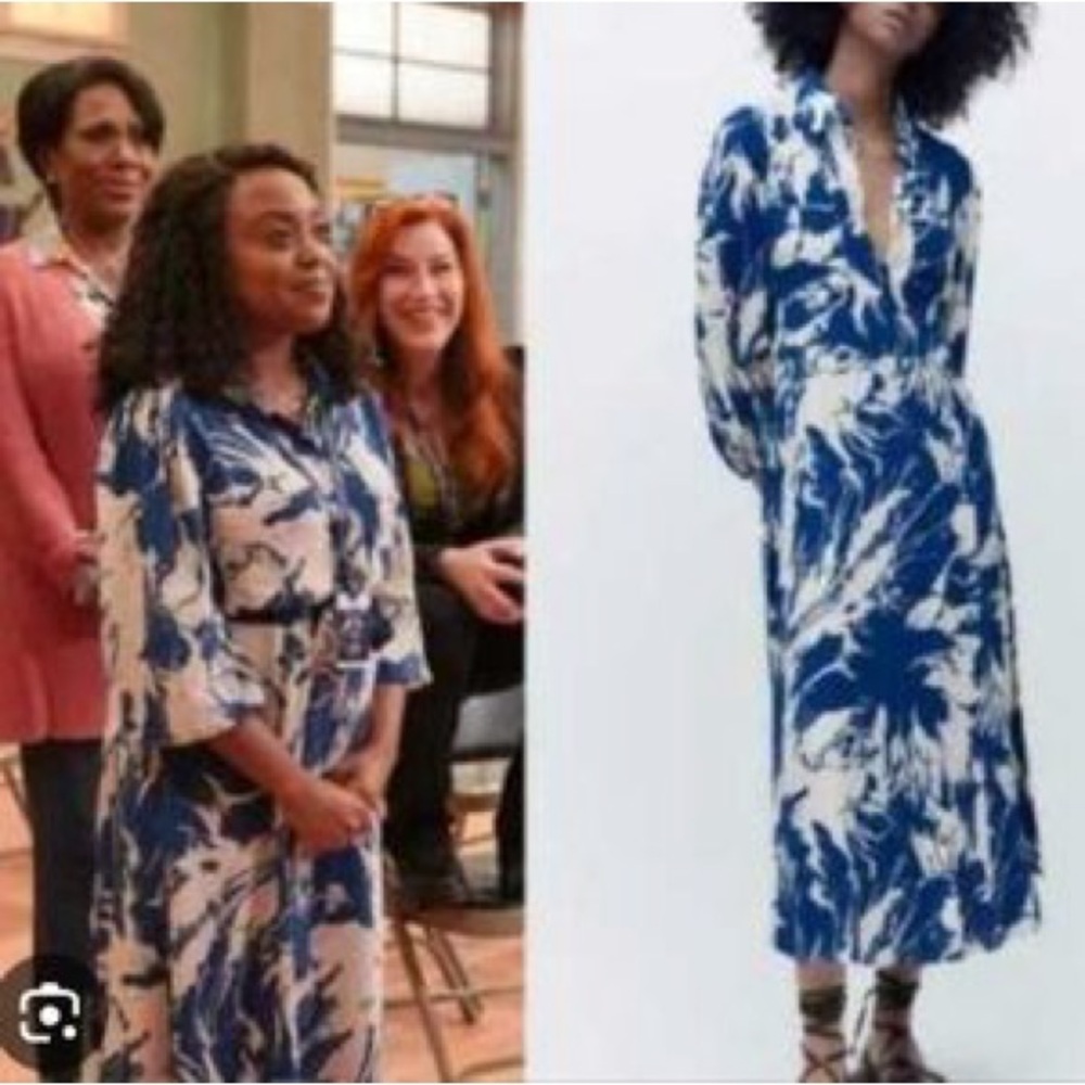 Zara Cream and Blue Patterned Dress XL